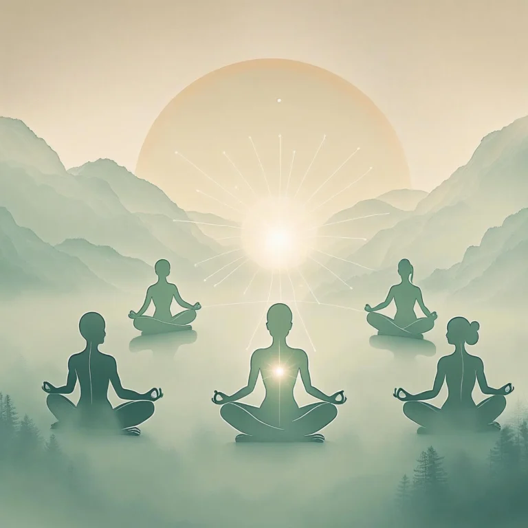 Fünf meditierende Personen sitzen im Kreis, verbunden durch ein zentrales Licht, vor einer weichen Berglandschaft