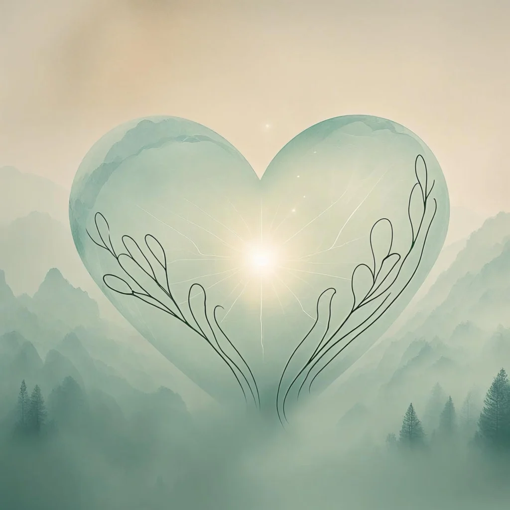 Herzförmige Lichtkugel mit organischen Linien und einem strahlenden Zentrum, eingebettet in eine nebelige Berglandschaft