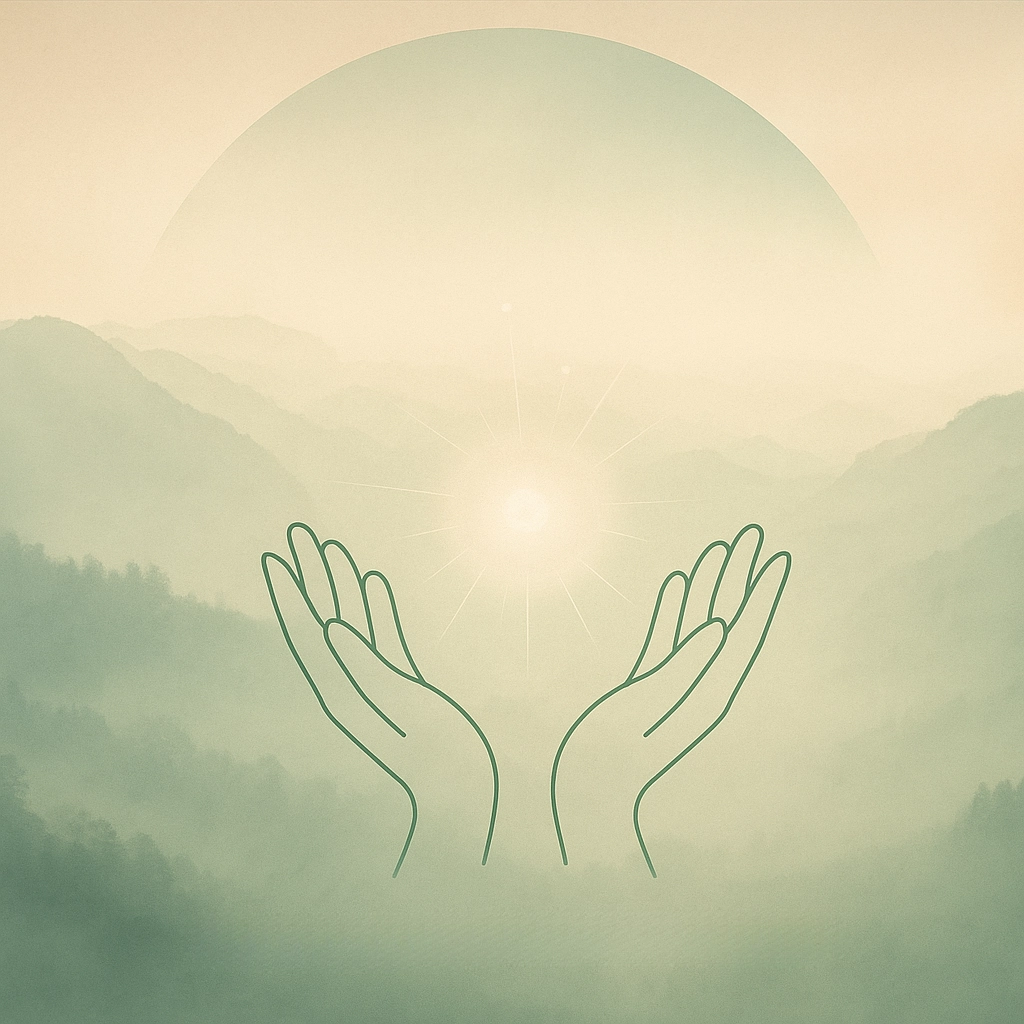 Zwei offene Hände halten ein leuchtendes Zentrum aus Licht, eingebettet in weiche Berglandschaft mit Lichtkreis