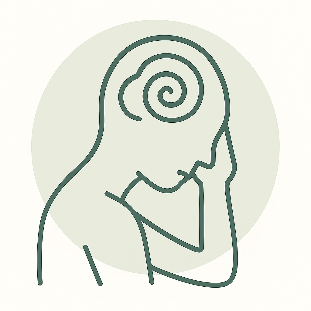 Line-Art-Illustration eines Kopfes mit spiralförmigen Gedanken – Symbol für ständiges Grübeln und innere Unruhe.