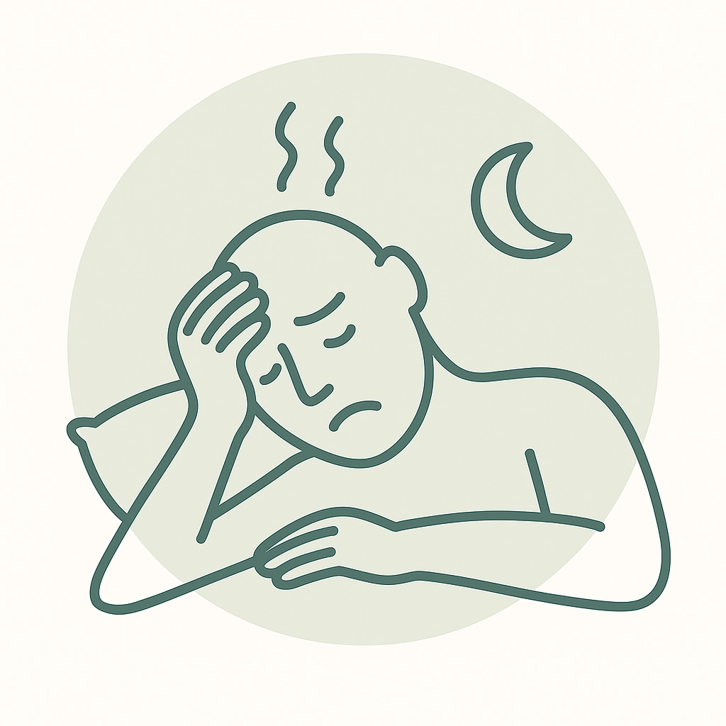 Minimalistisches Linien-Icon einer müden Person mit Hand am Kopf und Mond im Hintergrund – Symbol für Erschöpfung und Schlaflosigkeit.