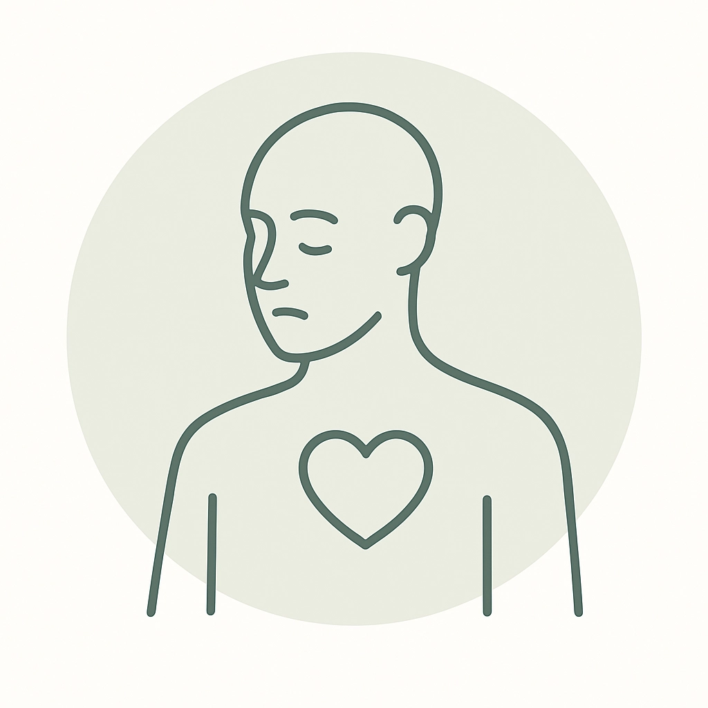 Linienzeichnung einer Person mit leerem Herzsymbol – Symbol für emotionale Erschöpfung und innere Leere.